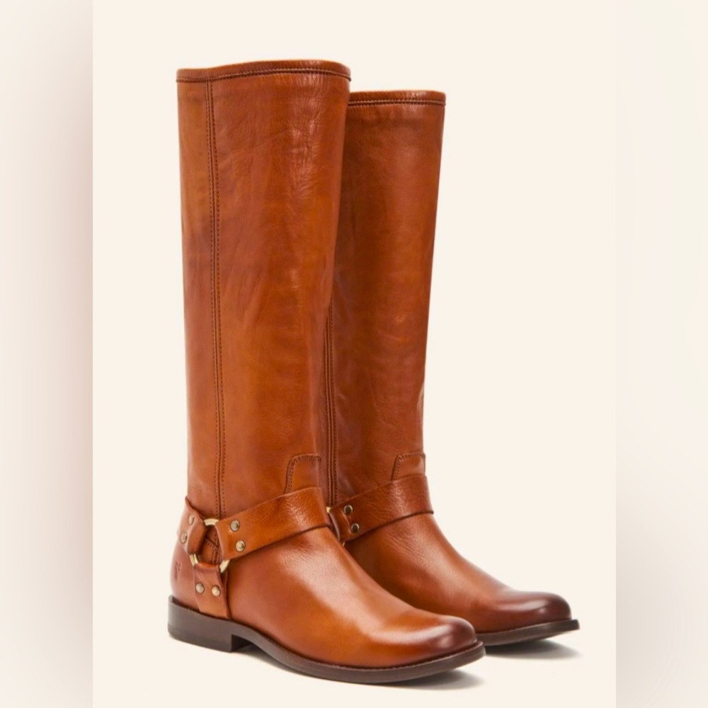FRYE PHILLIP HARNESS TALL WIDE CALF BOOTS WHISKEY 8